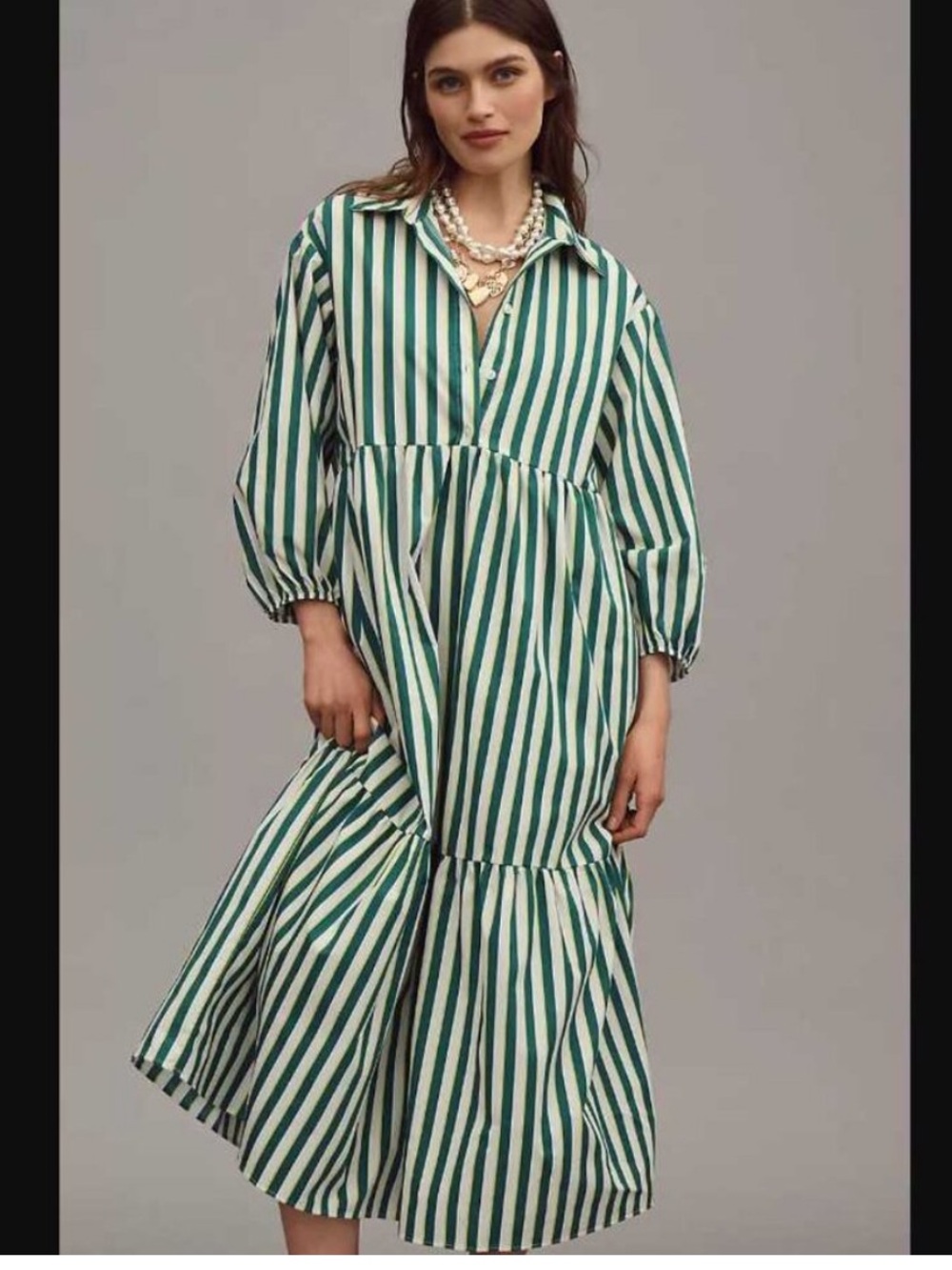 Anthropologie Maeve Bettina Green and White Striped Women's Dress
